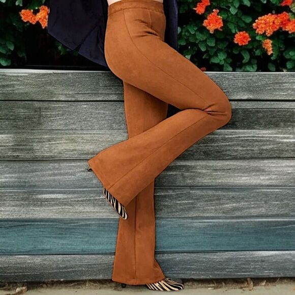 SPANX Faux Suede Pants M Flare Leg Pull On Stretch Camel Color Bohemian Hippie. - Picture 10 of 16